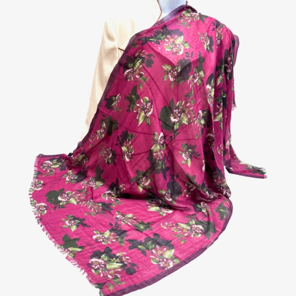 Vgt  DAKS LONDON Scarf Cotton Wool  64"x32" Burgendy Brown Floral Fringed ( 49)